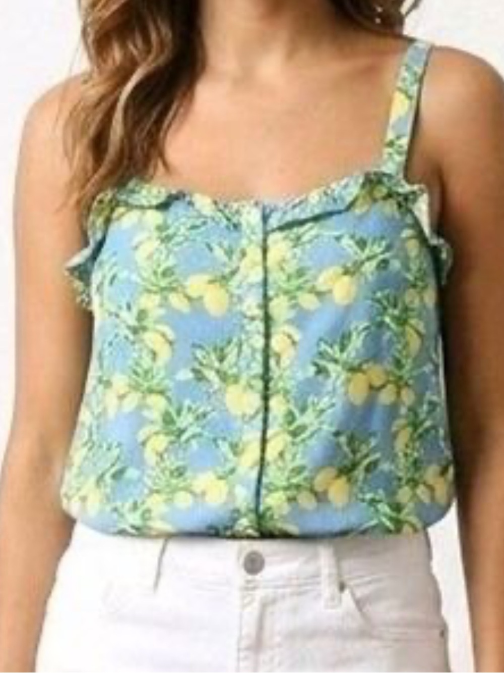 Blue Lemon-Print Ruffle Cami Tank Top